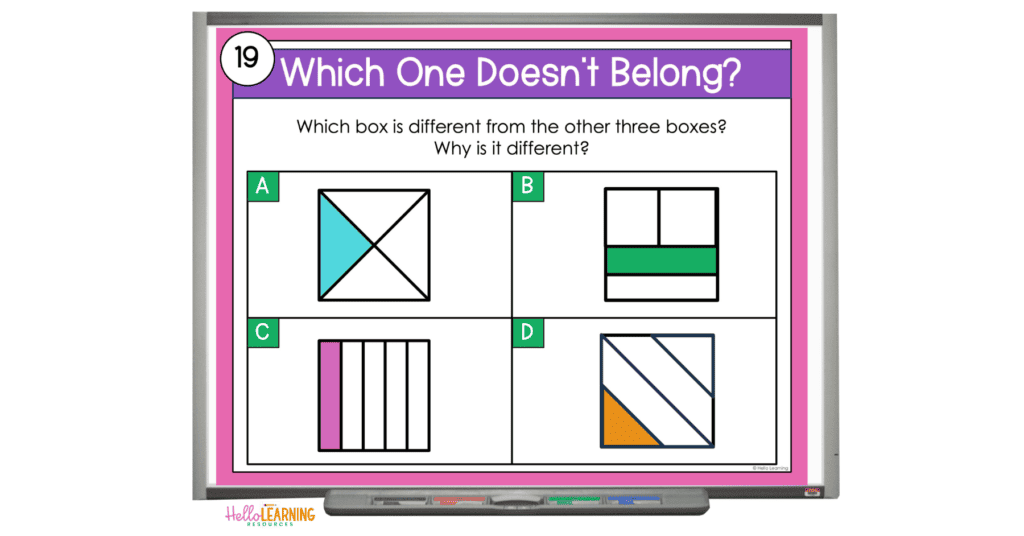 WODB fractions image showing 4 squares, split differently, with one section of each square colored.
