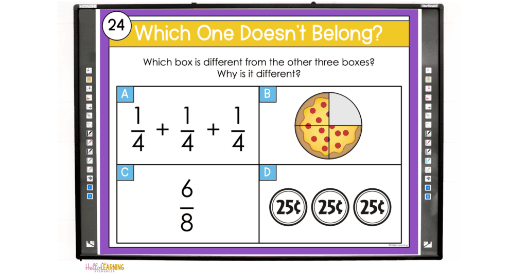 Which one doesn't belong picture showing four ways to show 3/4: a pizza, three quarters, an addition problem and a fraction not in simplest form