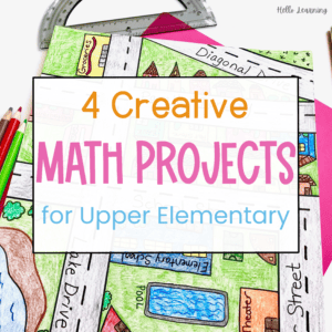 Title 4 Creative Math Projects for Upper Elementary written over a Geometry City project sample