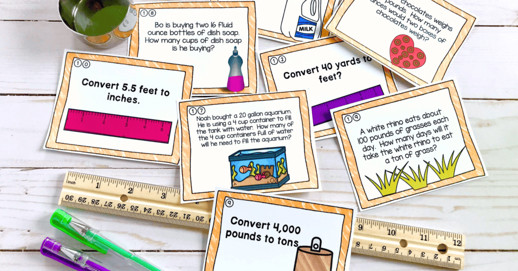 eight customary measurement conversion task cards next to a ruler and a measuring cup