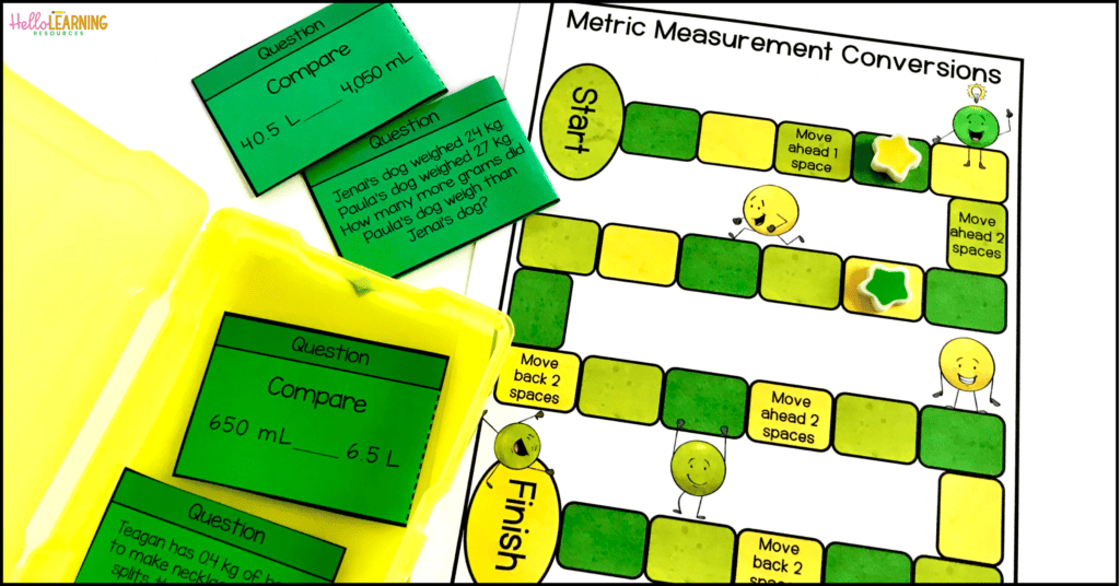 metric measurement conversion game board with four question cards