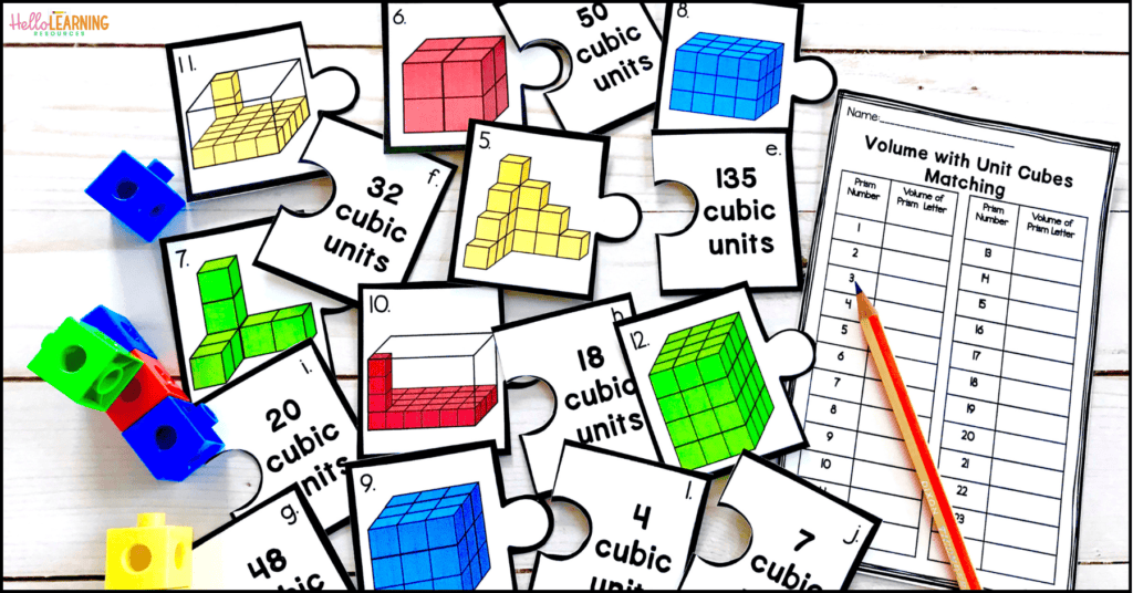 volume puzzle matching cubic units labels to composite figures made of unit cubes